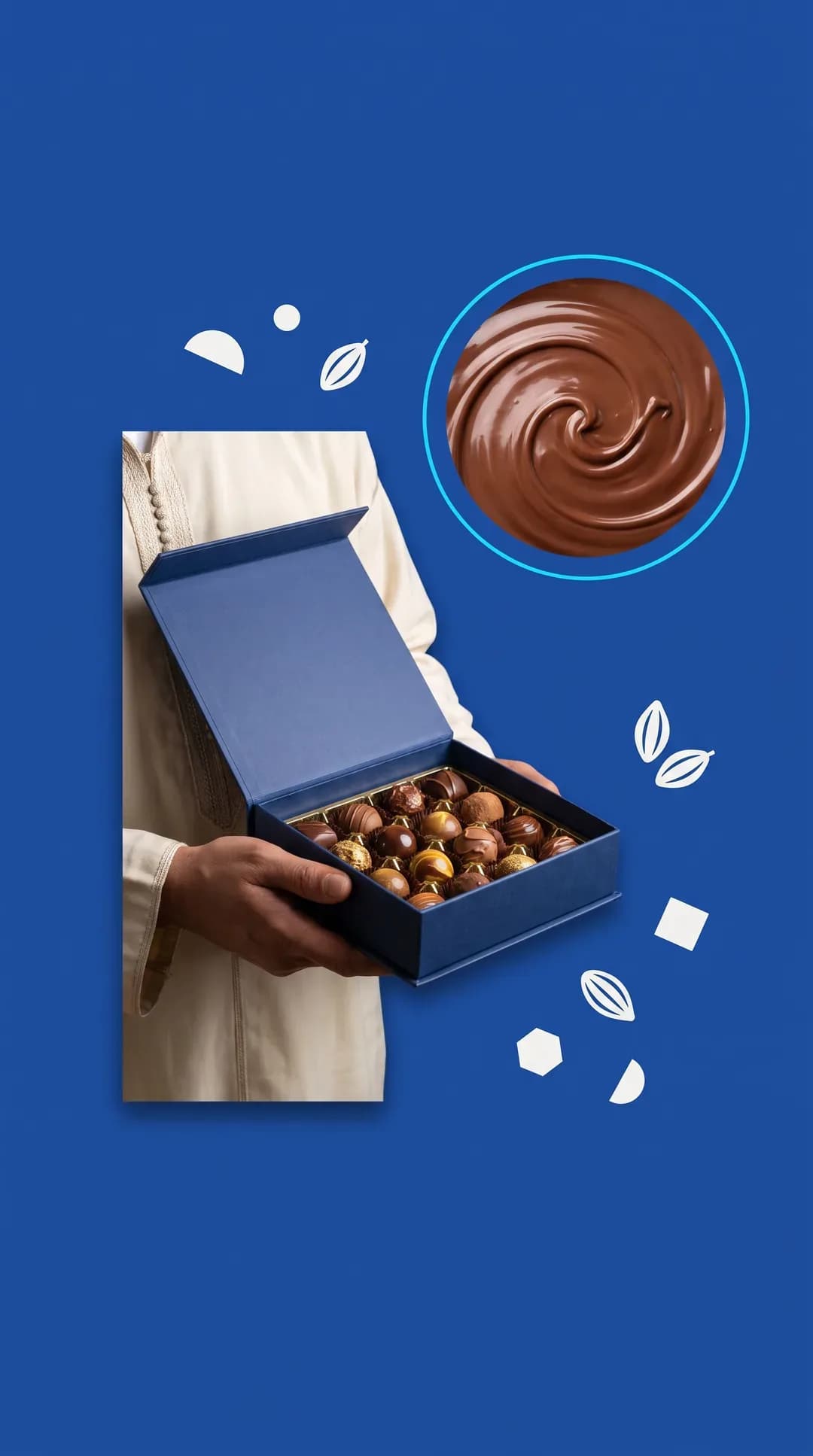 Illustration : coffret de pralines artisanales, sur fond bleu Kliyani