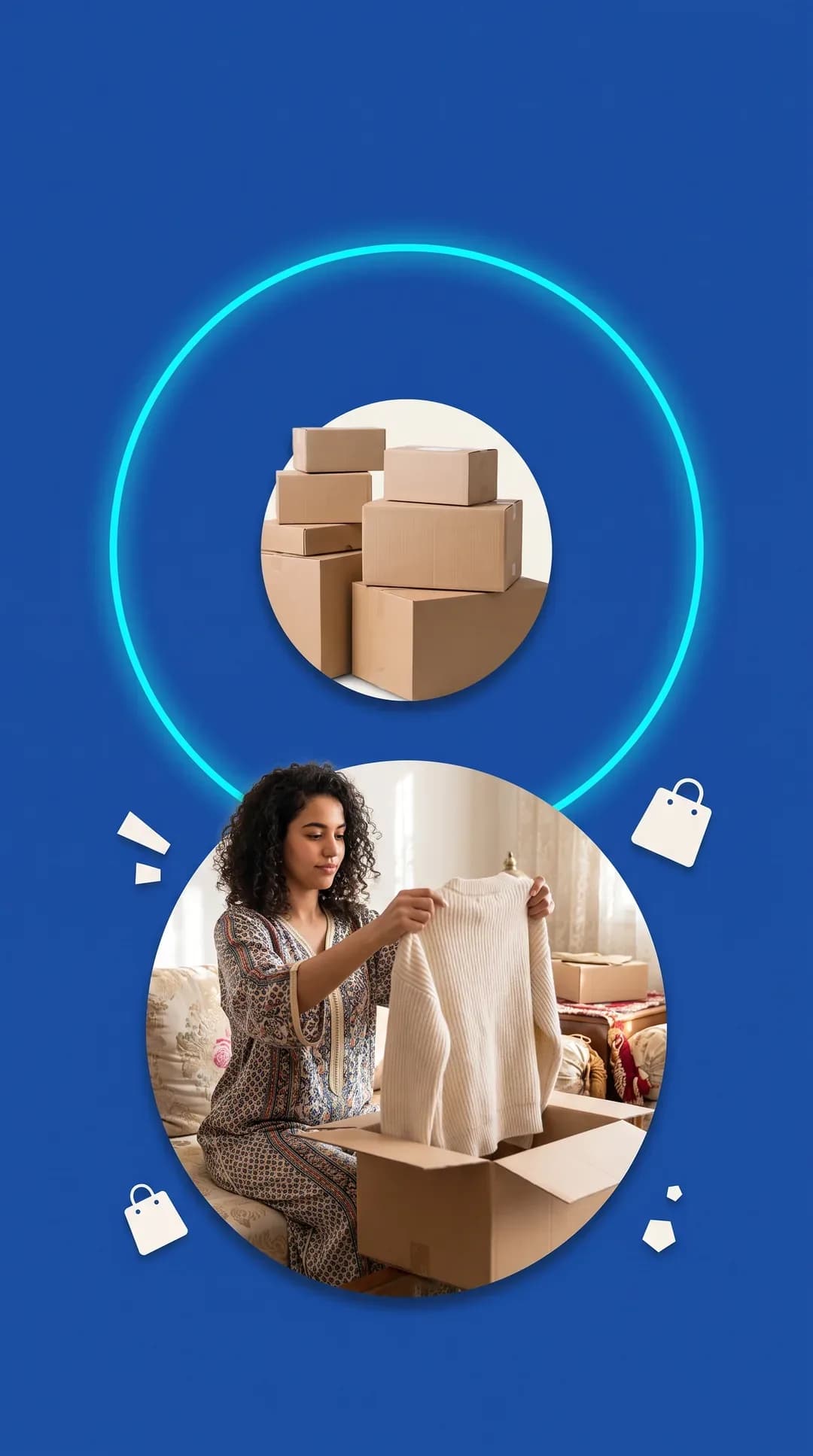 Illustration : jeune femme déballant une commande en ligne, sur fond bleu Kliyani