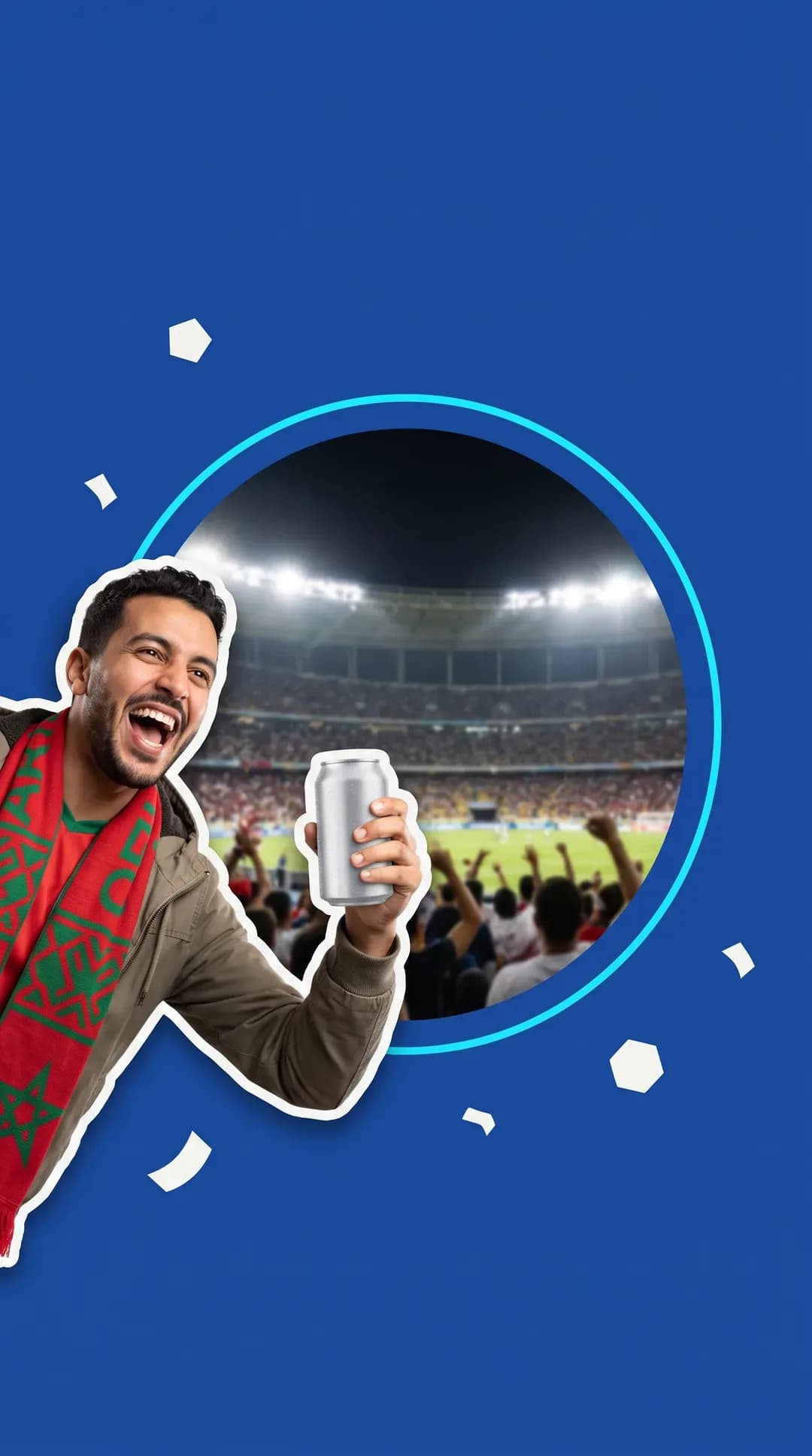 Illustration : supporter marocain au stade, boisson à la main, sur fond bleu Kliyani