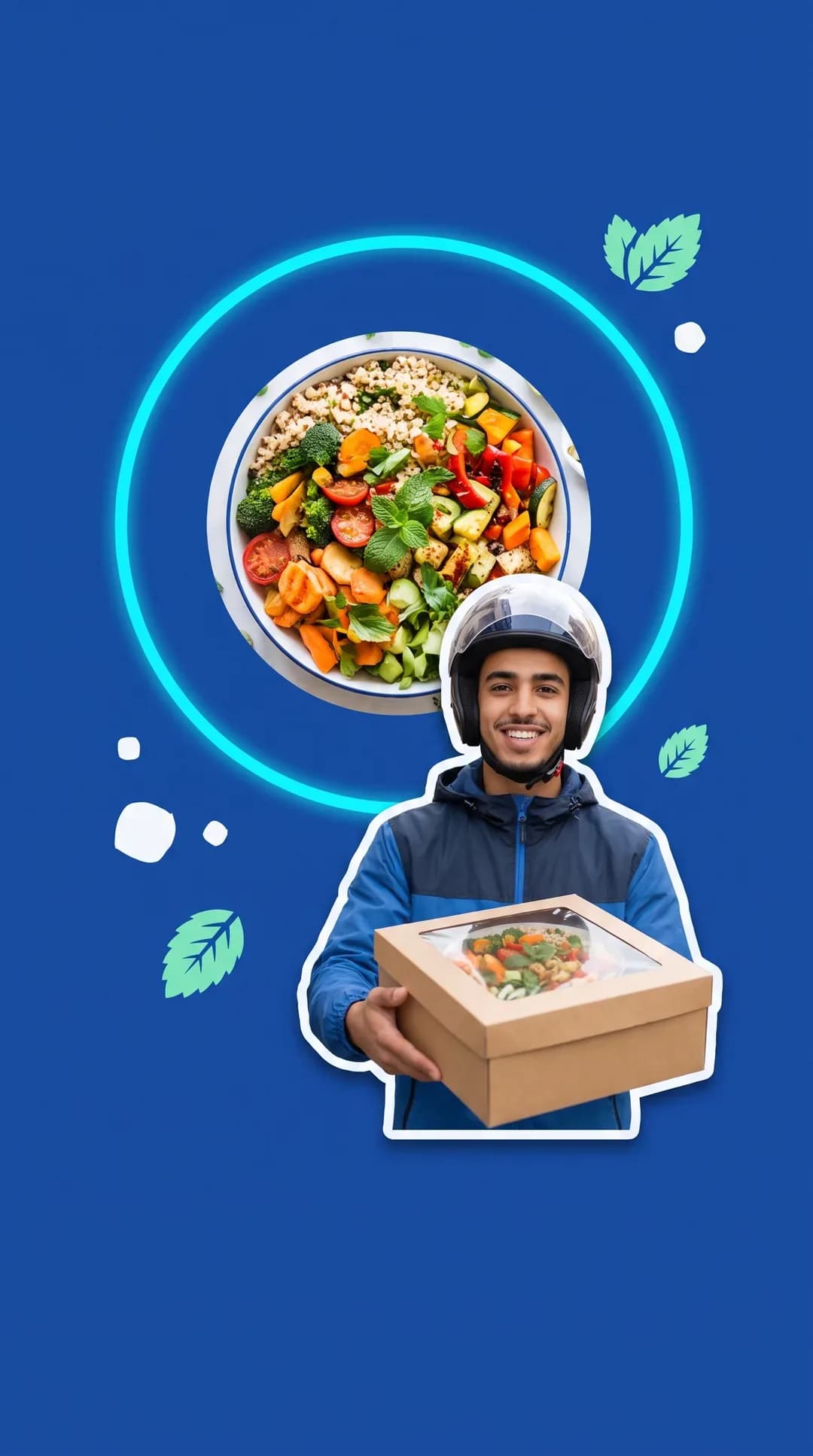 Illustration : livreur marocain tenant un repas en boîte kraft, sur fond bleu Kliyani
