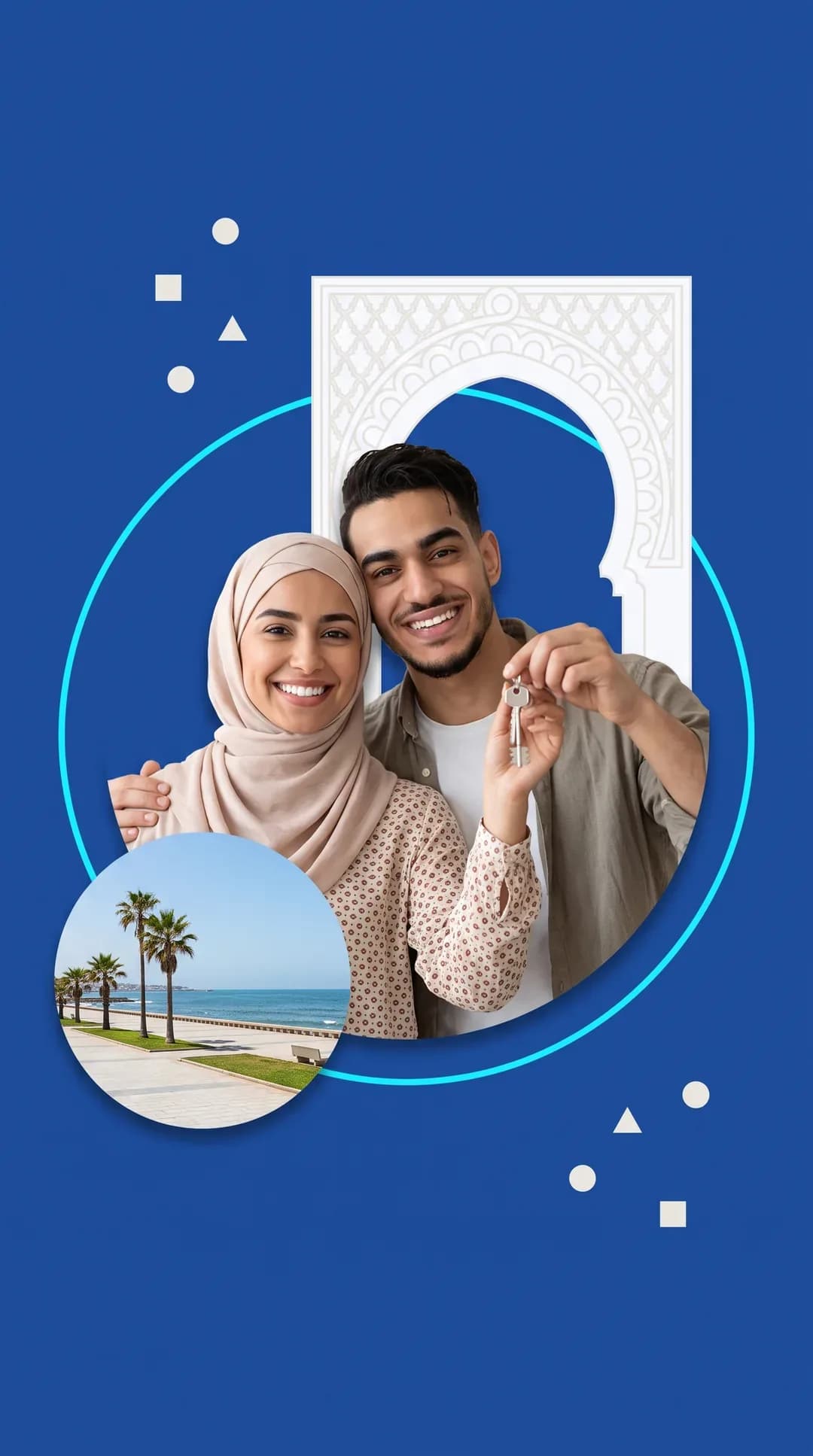 Illustration : jeune couple marocain avec les clés de son appartement, sur fond bleu Kliyani