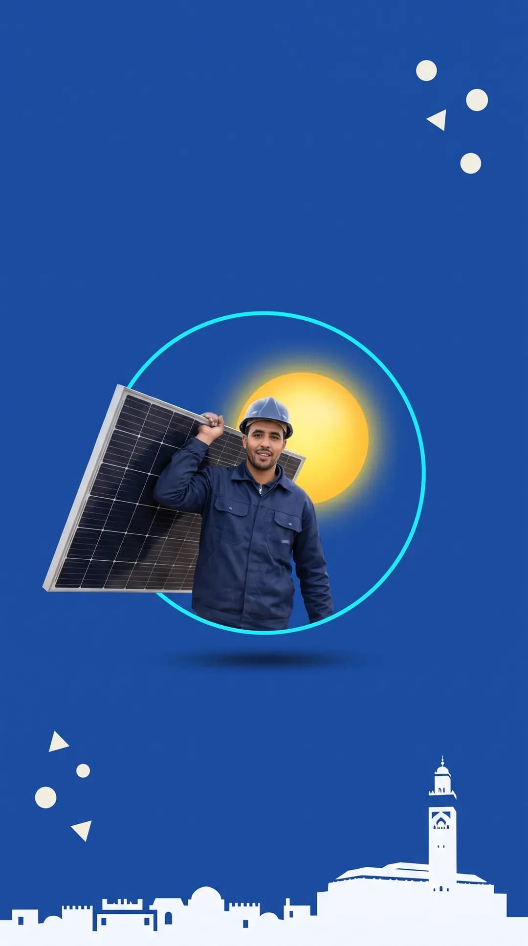 Illustration : technicien marocain portant un panneau solaire, sur fond bleu Kliyani